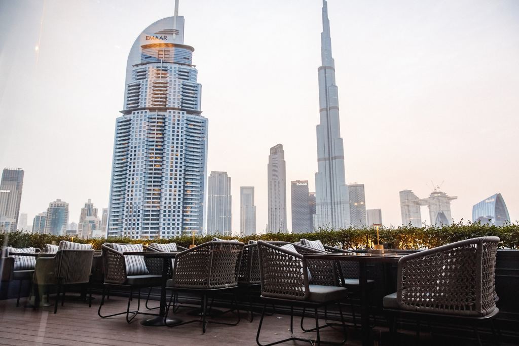 The Burj Khalifa and Downtown Dubai skyline at dusk